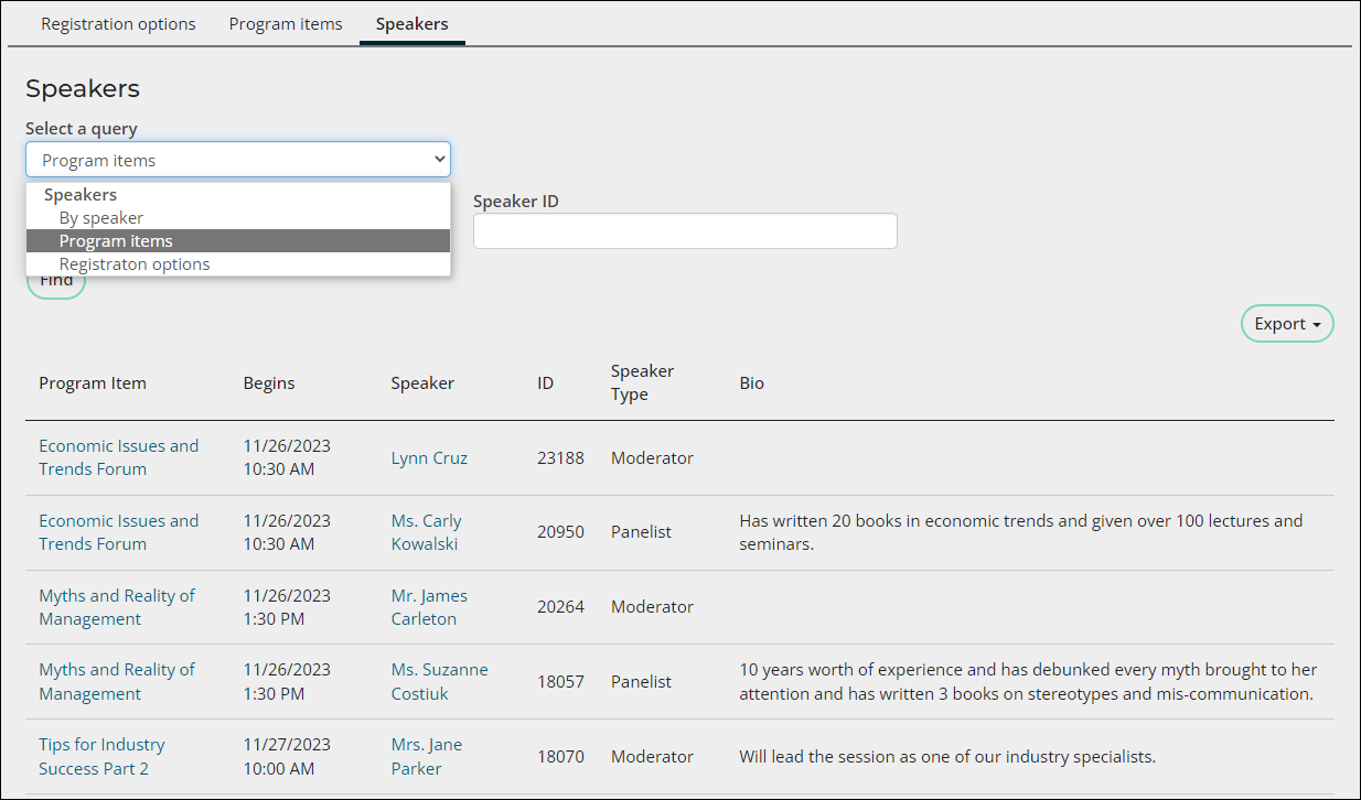 Select the Program items query.